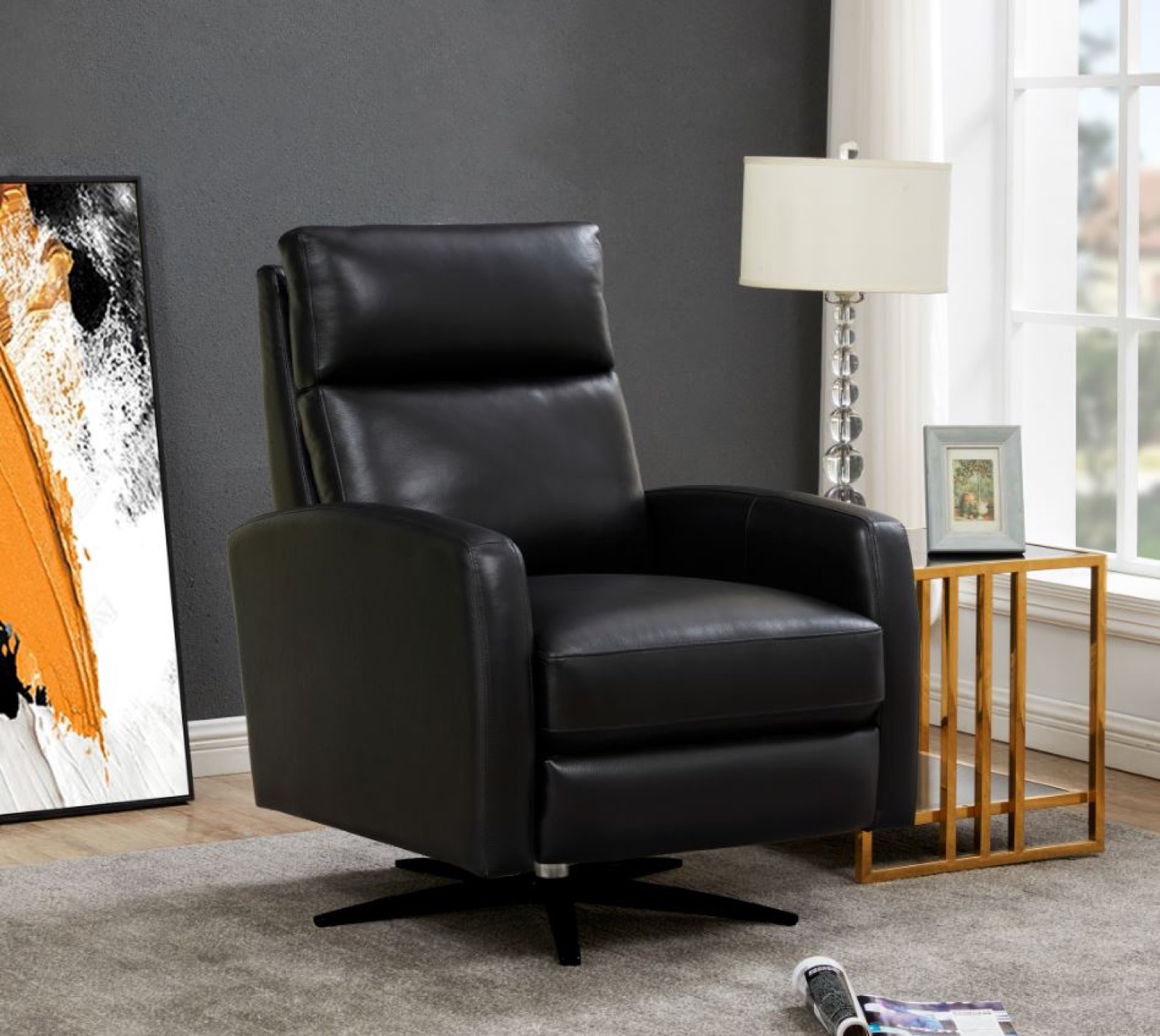 Jordie Leather Pedestal Swivel Recliner in Onyx
