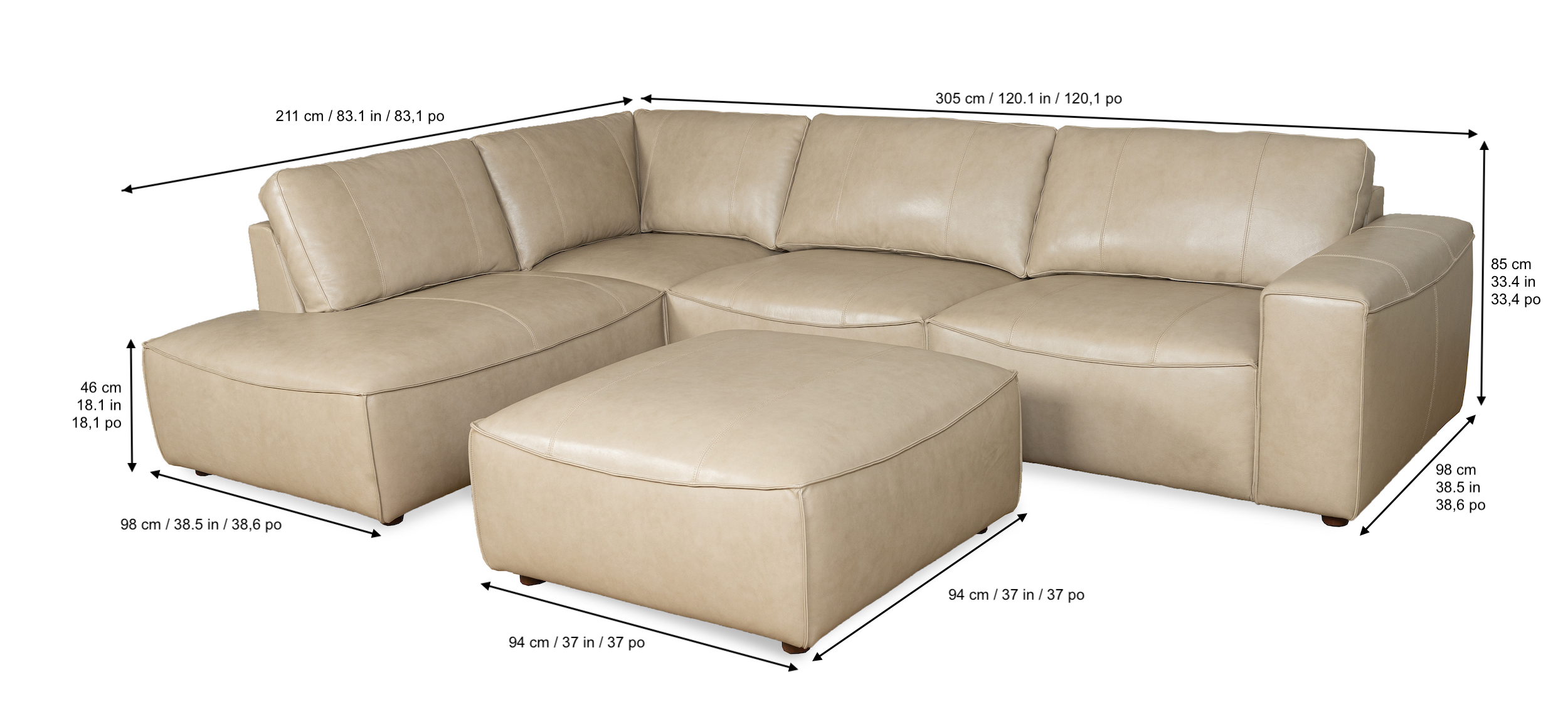 DIMENSIONS Leather Sectional with Ottoman RAF 1549564